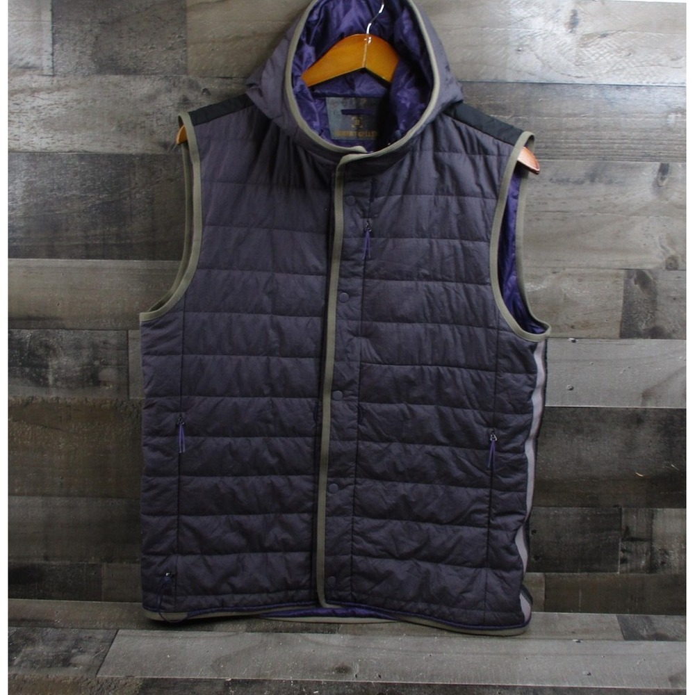 Lululemon Robert Geller Vest Mens Medium Purple Gray Reversible Hooded PrimaLoft